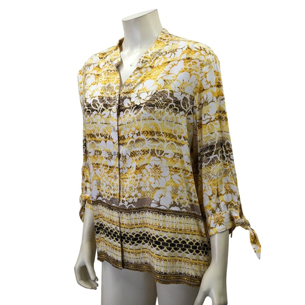 Allison Daley Petite Floral Button-Down Blouse Yellow & White 3/4 Sleeve Tie Cuf
